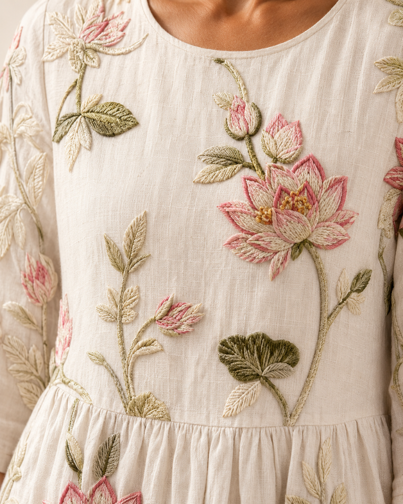 Lucia | Vestito in Misto Lino con Stampa di Piante e Fiori