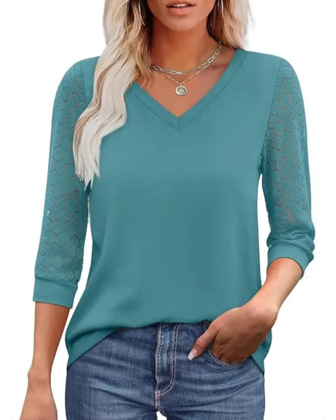 Lace | Sleeve Casual V-Neck Blouse