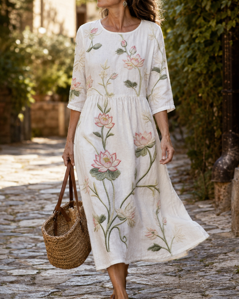 Lucia | Vestito in Misto Lino con Stampa di Piante e Fiori